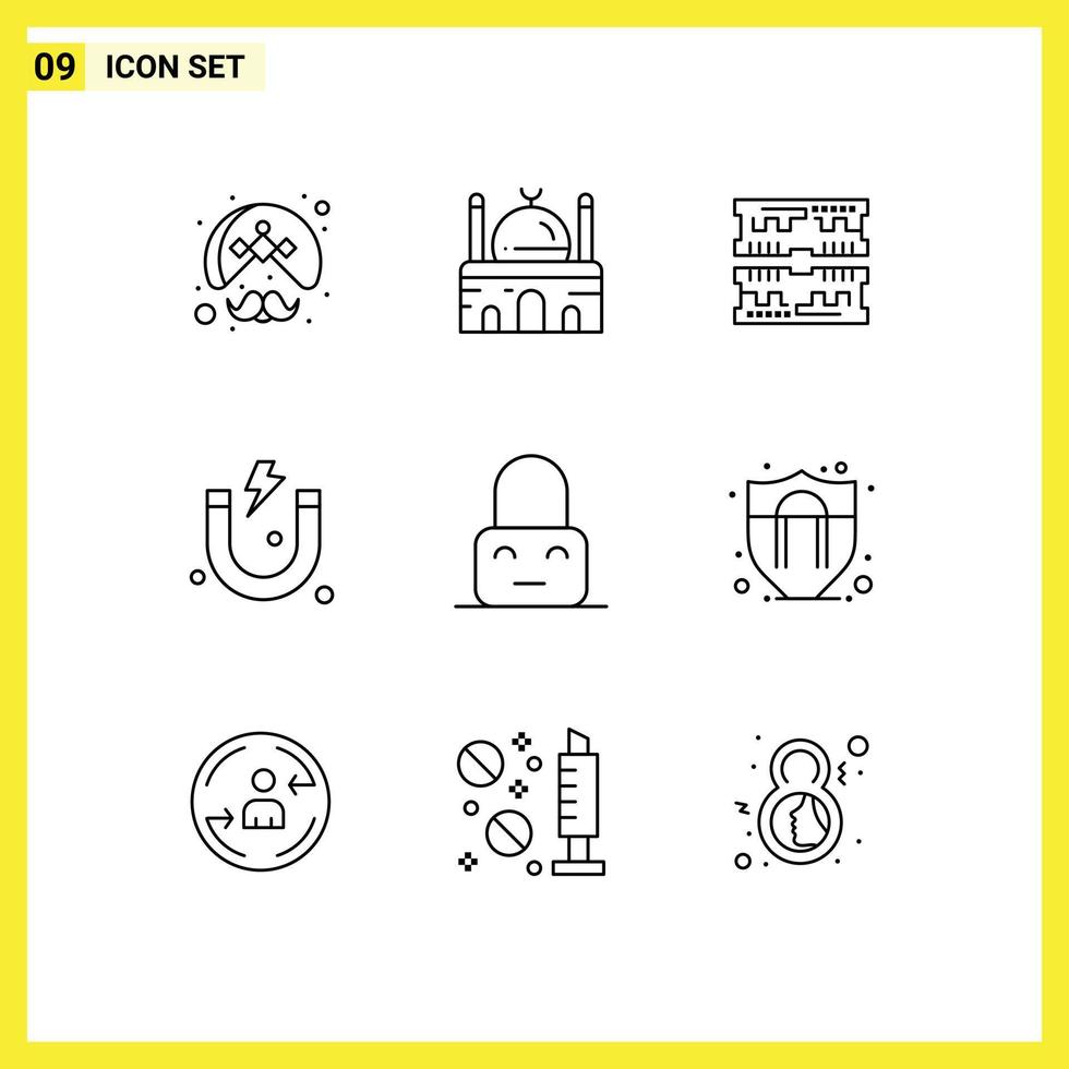 9 Universal Outline Signs Symbols of control magnet muslim attraction computer Editable Vector Design Elements