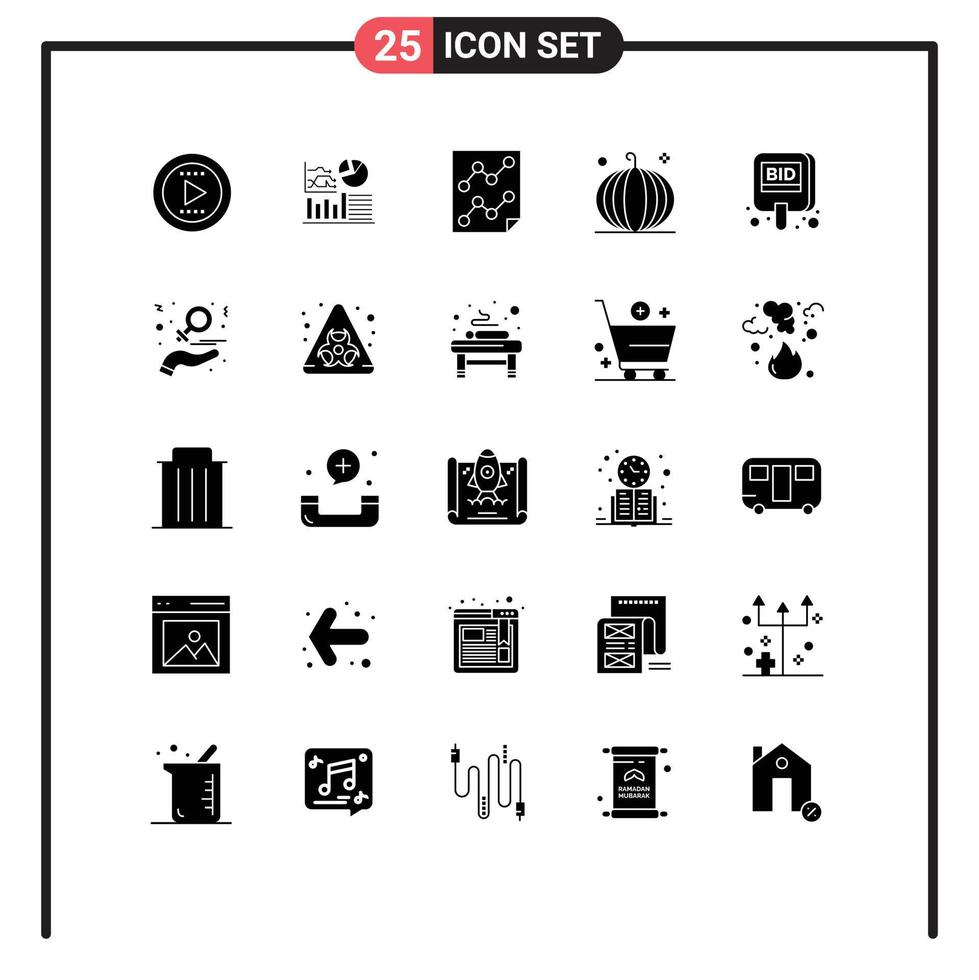 Pack of 25 Modern Solid Glyphs Signs and Symbols for Web Print Media such as auction harvest data fall cornucopia Editable Vector Design Elements