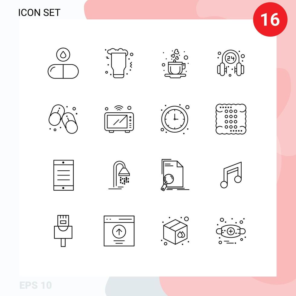 conjunto de pictogramas de 16 contornos simples de chanclas servicio vidrio operador auriculares elementos de diseño vectorial editables vector