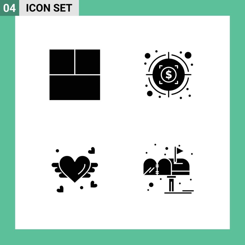 Universal Icon Symbols Group of 4 Modern Solid Glyphs of grid box profit love mail Editable Vector Design Elements