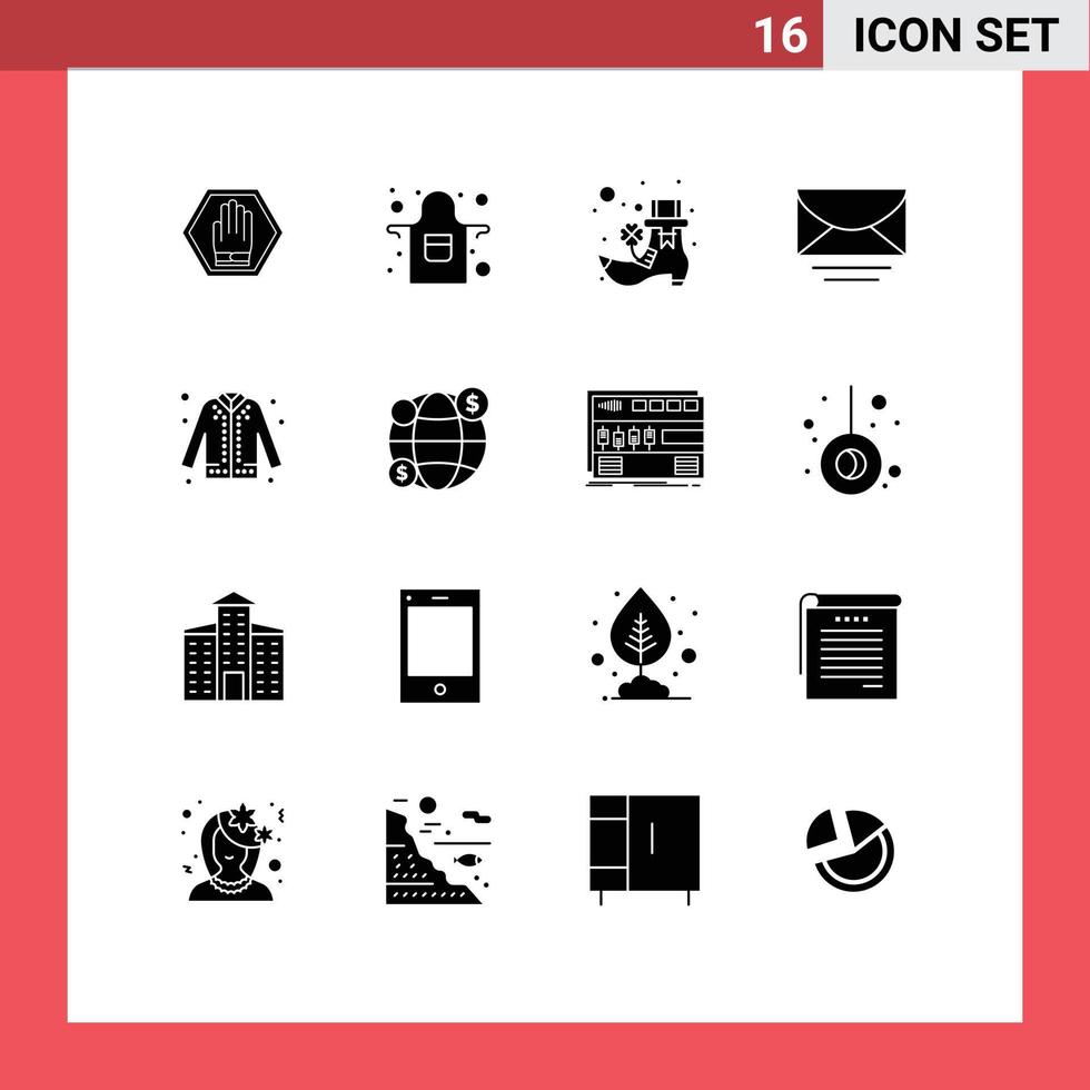 Modern Set of 16 Solid Glyphs and symbols such as fashion jacket boot global email Editable Vector Design Elements