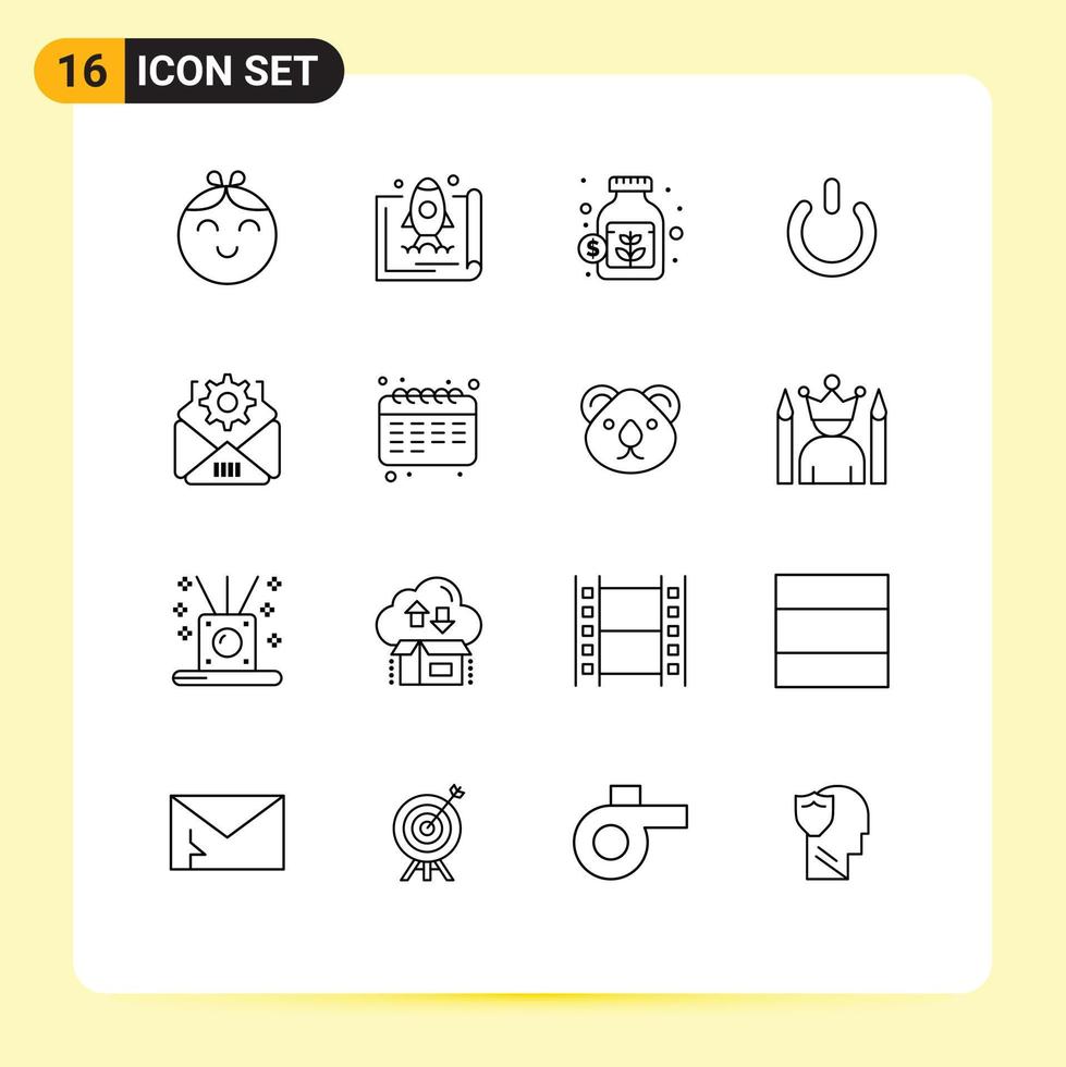 Set of 16 Modern UI Icons Symbols Signs for setting power currency on button Editable Vector Design Elements