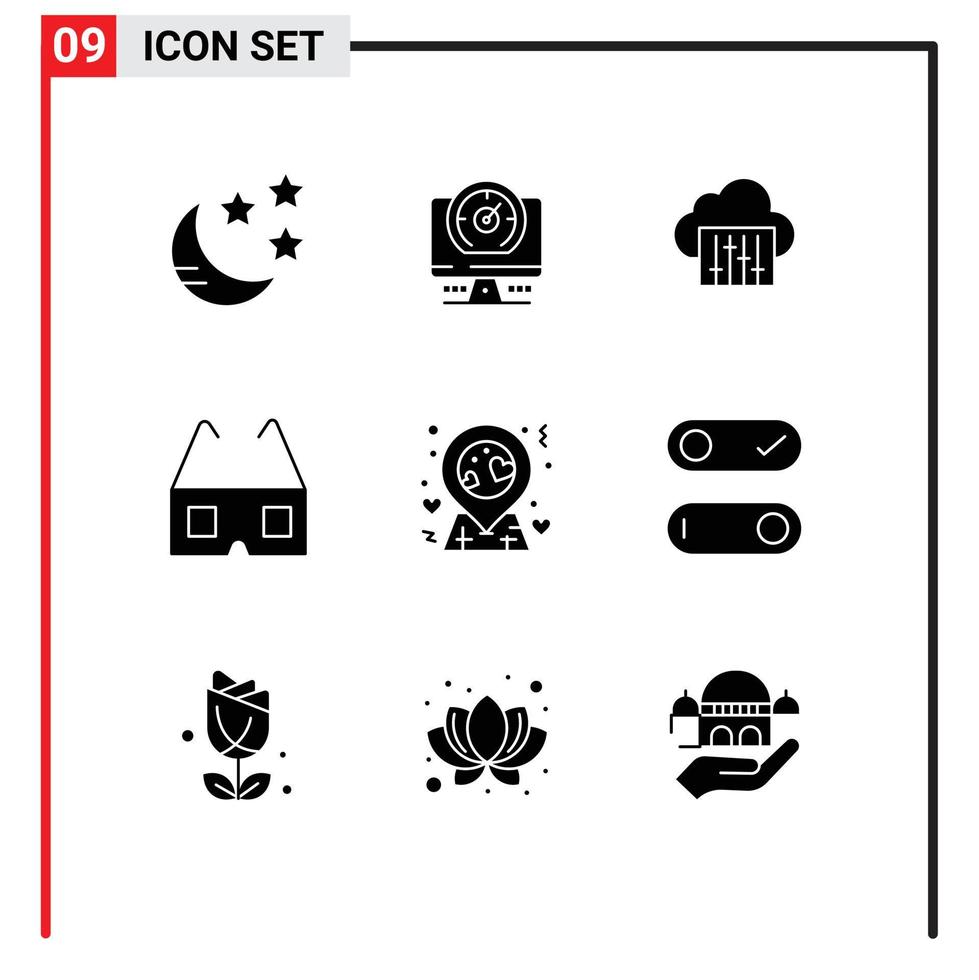 Set of 9 Modern UI Icons Symbols Signs for control love connection location glasses Editable Vector Design Elements