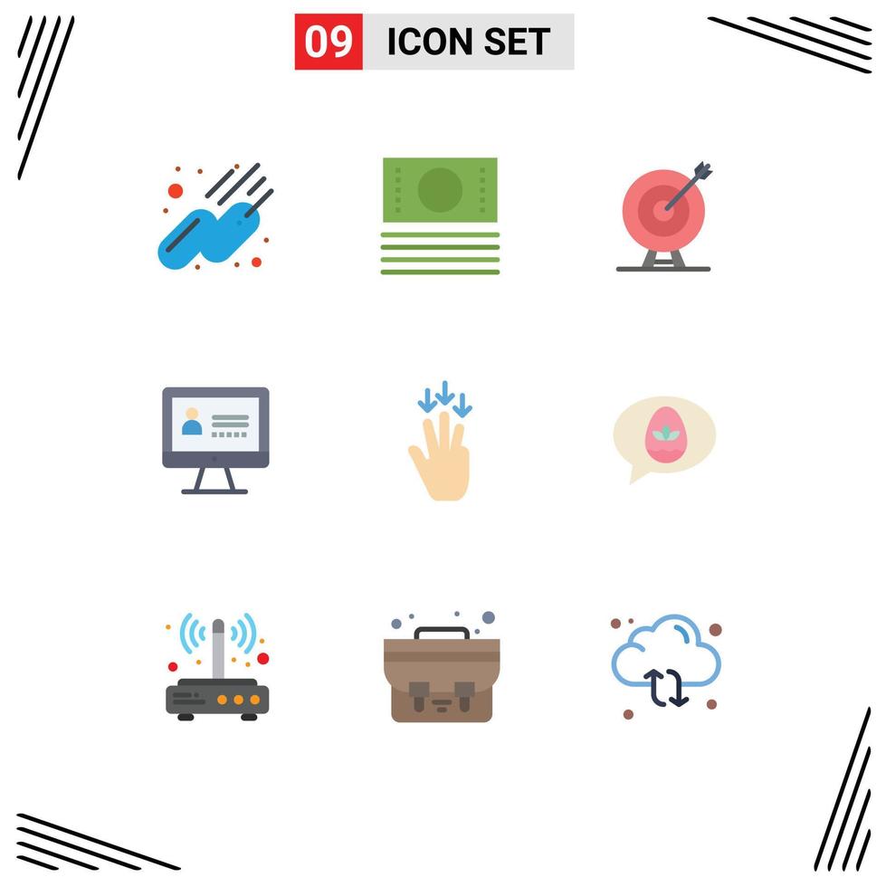 Modern Set of 9 Flat Colors Pictograph of gestures down achievement finger internet Editable Vector Design Elements