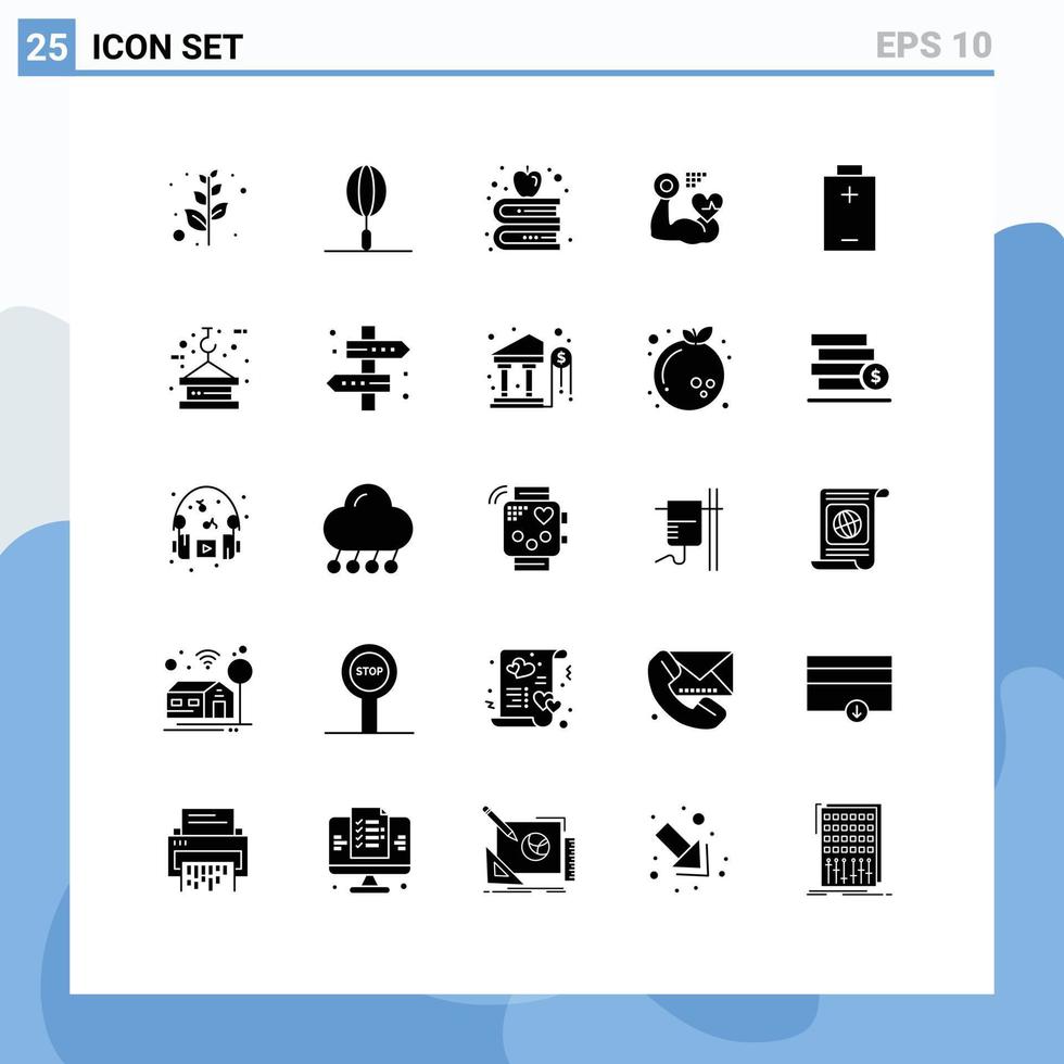 25 Universal Solid Glyphs Set for Web and Mobile Applications crane electric books battery heart Editable Vector Design Elements