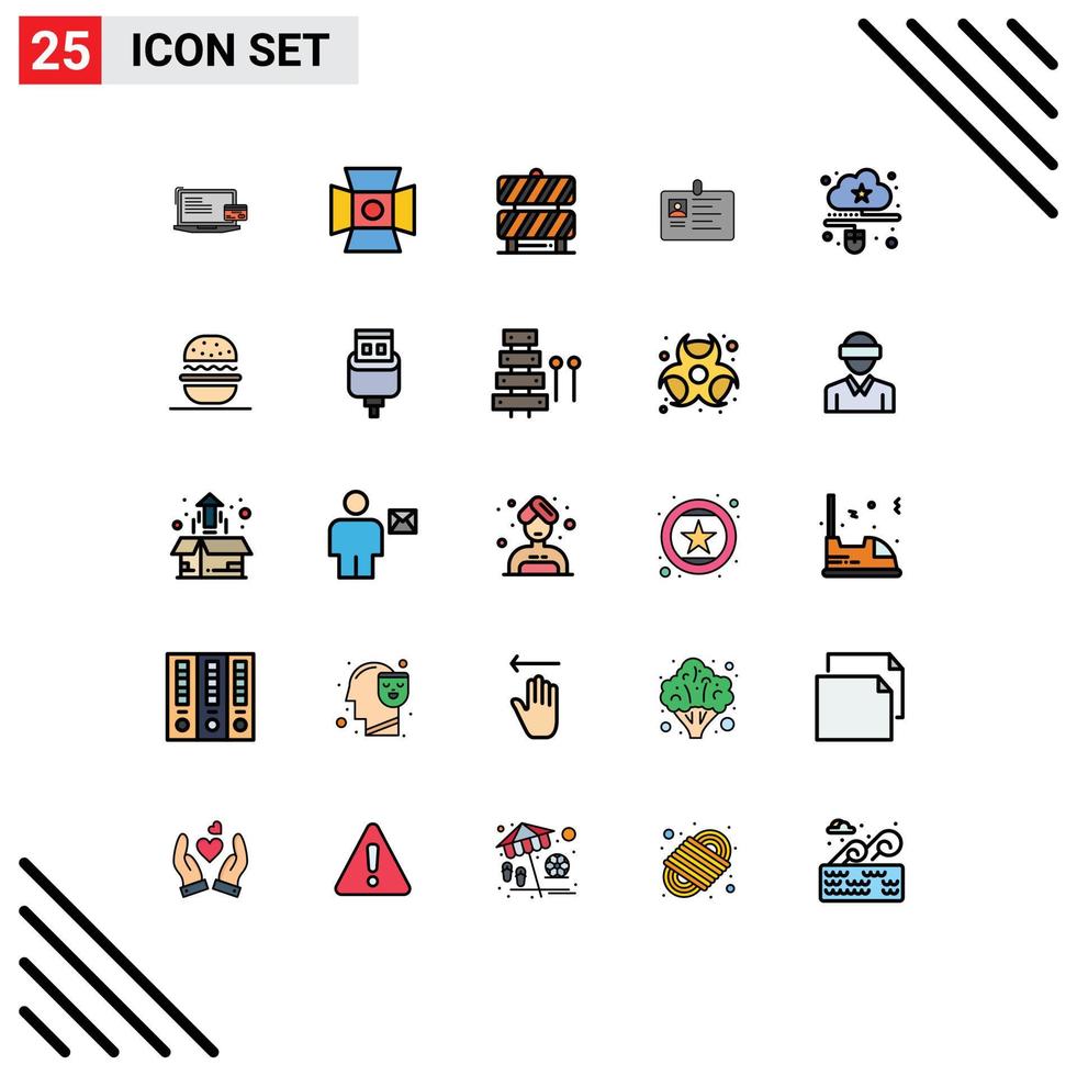 Mobile Interface Filled line Flat Color Set of 25 Pictograms of id card corporate studio business working area Editable Vector Design Elements