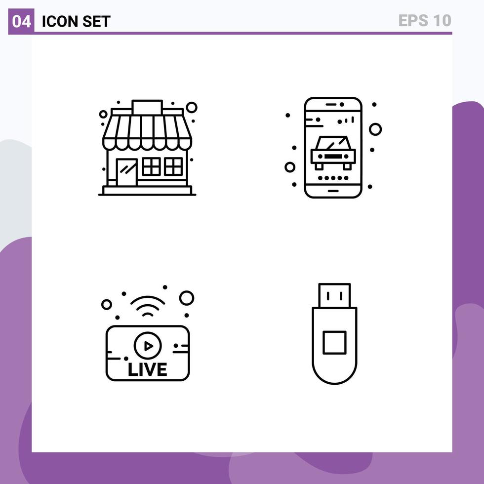 Mobile Interface Line Set of 4 Pictograms of market broadcasting store service news Editable Vector Design Elements