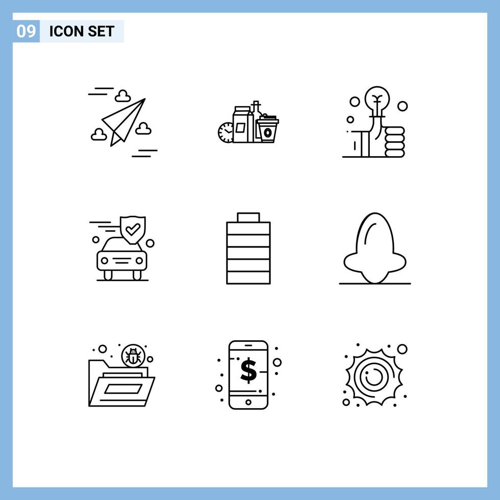 Group of 9 Modern Outlines Set for battery security coffee insurance smart Editable Vector Design Elements