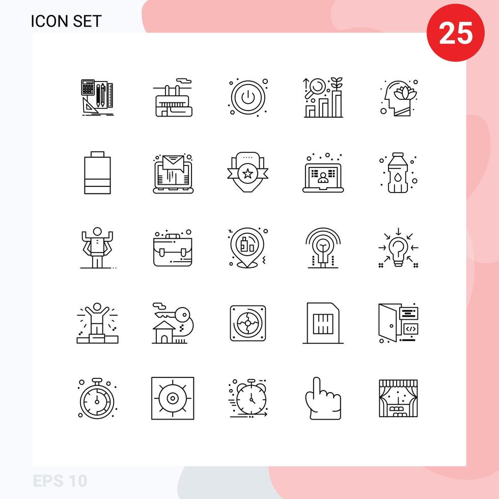 25 User Interface Line Pack of modern Signs and Symbols of lotus head power harmony graph Editable Vector Design Elements