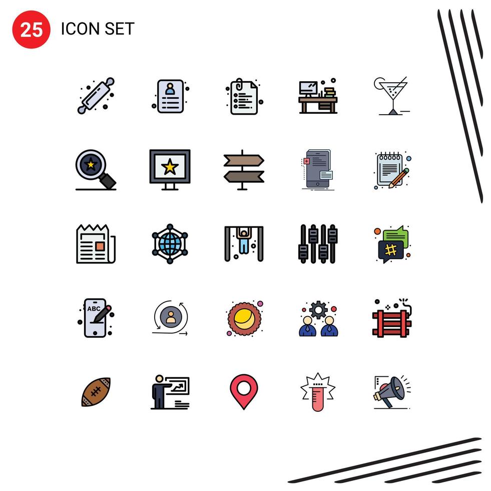 Filled line Flat Color Pack of 25 Universal Symbols of drink glass clip monitor office Editable Vector Design Elements