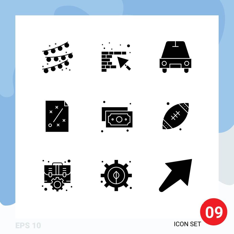 Pictogram Set of 9 Simple Solid Glyphs of money cash passenger strategy plan Editable Vector Design Elements