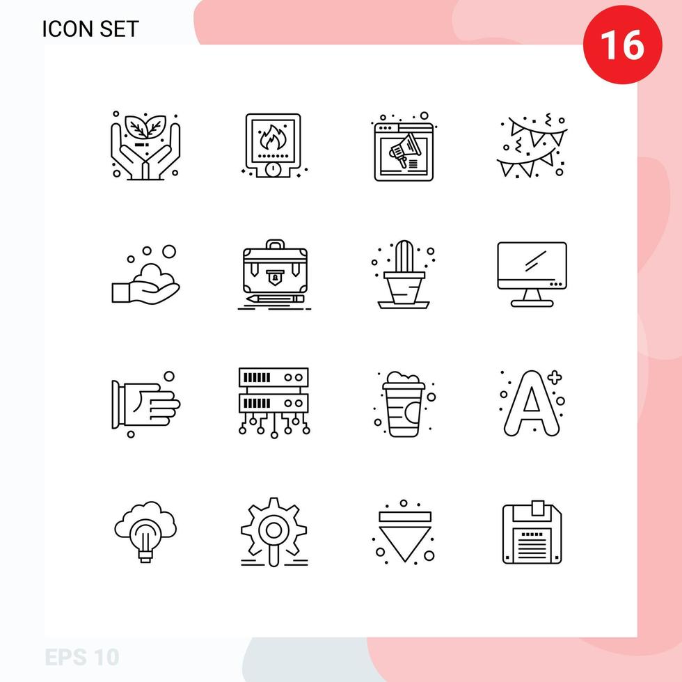 Modern Set of 16 Outlines and symbols such as cleaning decoration fire birthday speaker Editable Vector Design Elements