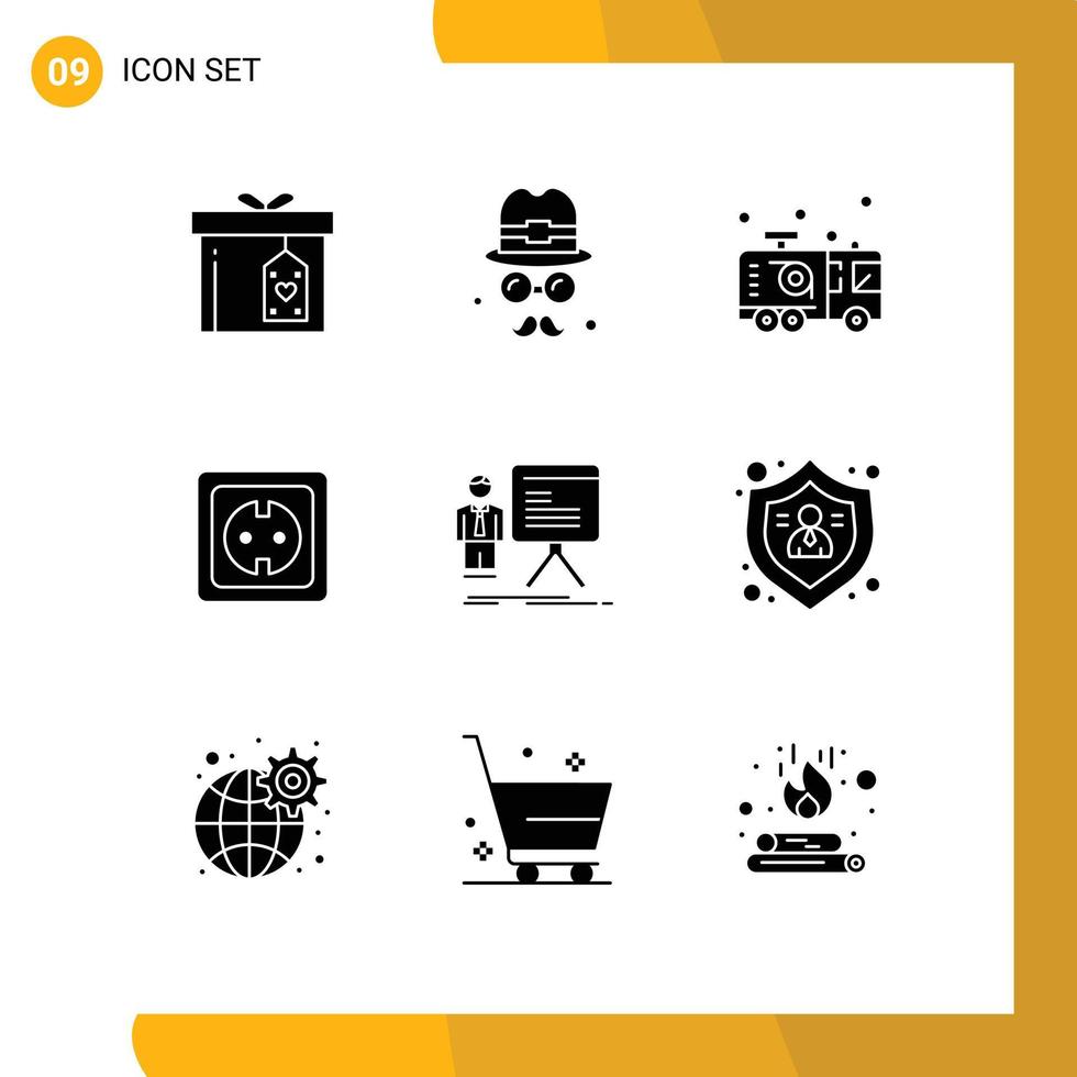 Pack of 9 Modern Solid Glyphs Signs and Symbols for Web Print Media such as socket plug car energy fireman Editable Vector Design Elements