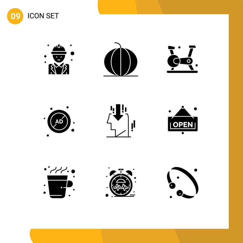 User Interface Pack of 9 Basic Solid Glyphs of block ad block pumpkin ad fitness Editable Vector Design Elements