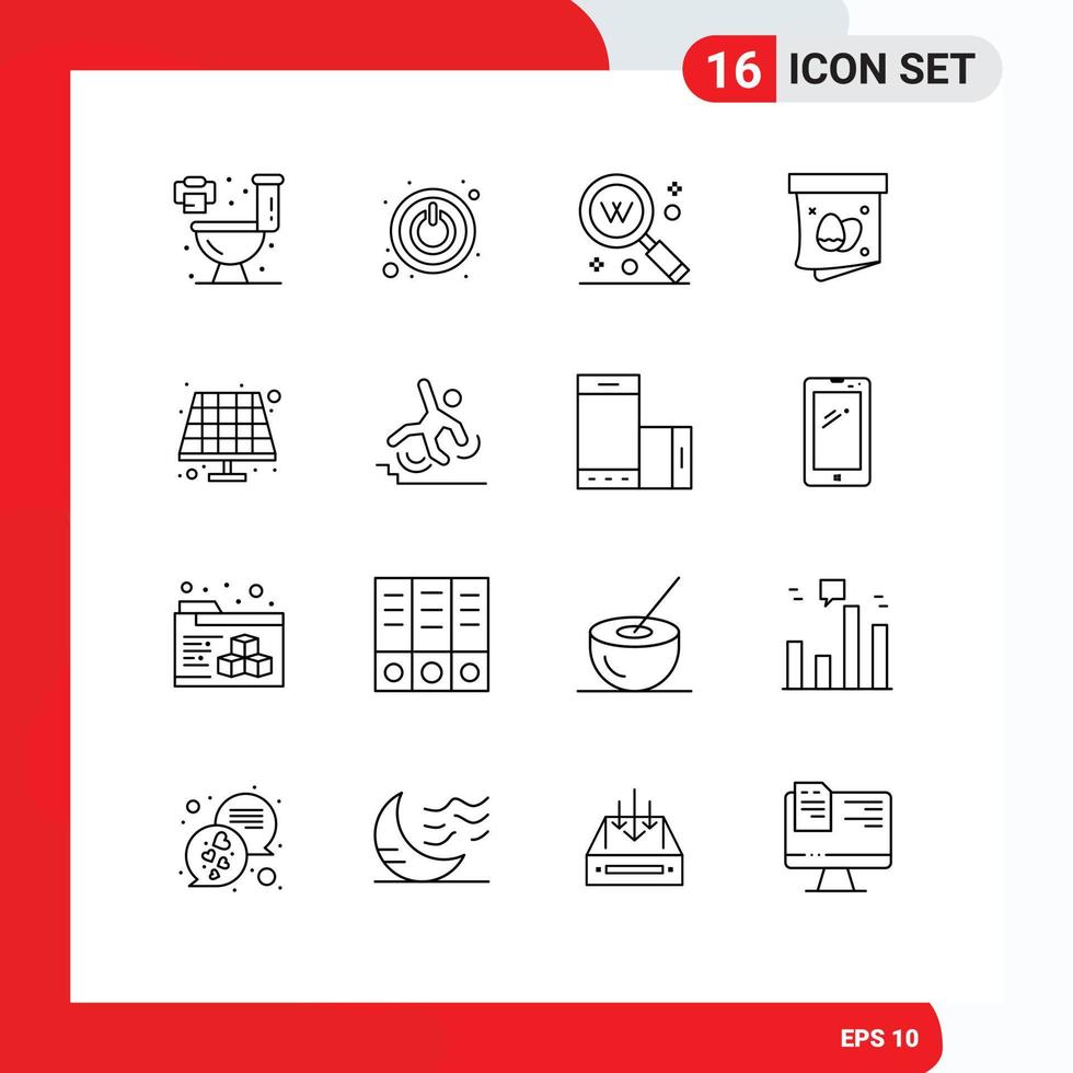 Mobile Interface Outline Set of 16 Pictograms of solar battery search holiday gift Editable Vector Design Elements