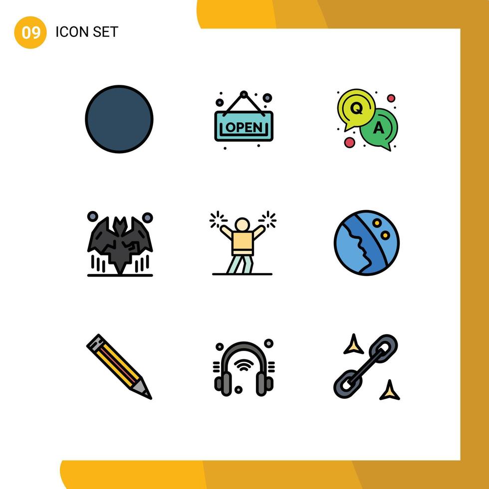 Pack of 9 Modern Filledline Flat Colors Signs and Symbols for Web Print Media such as dry skin fan bat encourage cheerleader Editable Vector Design Elements