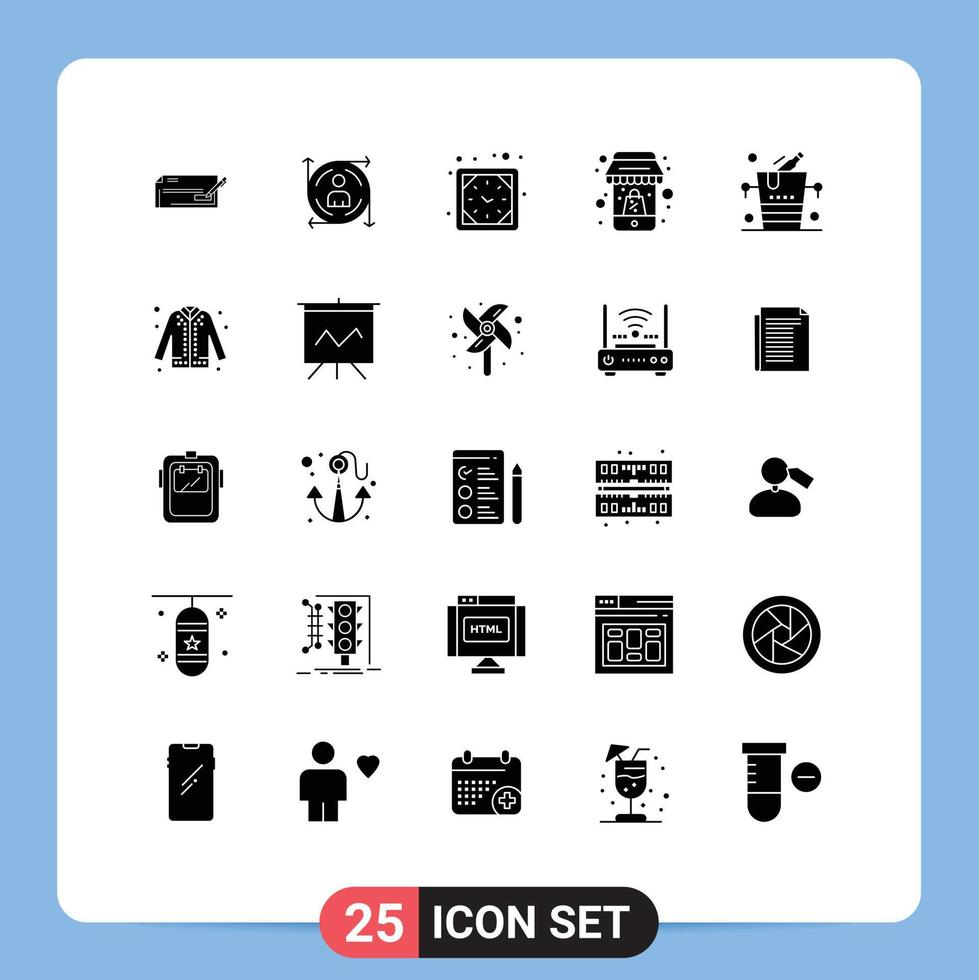 Mobile Interface Solid Glyph Set of 25 Pictograms of mobile online arrow shopping wall clock Editable Vector Design Elements