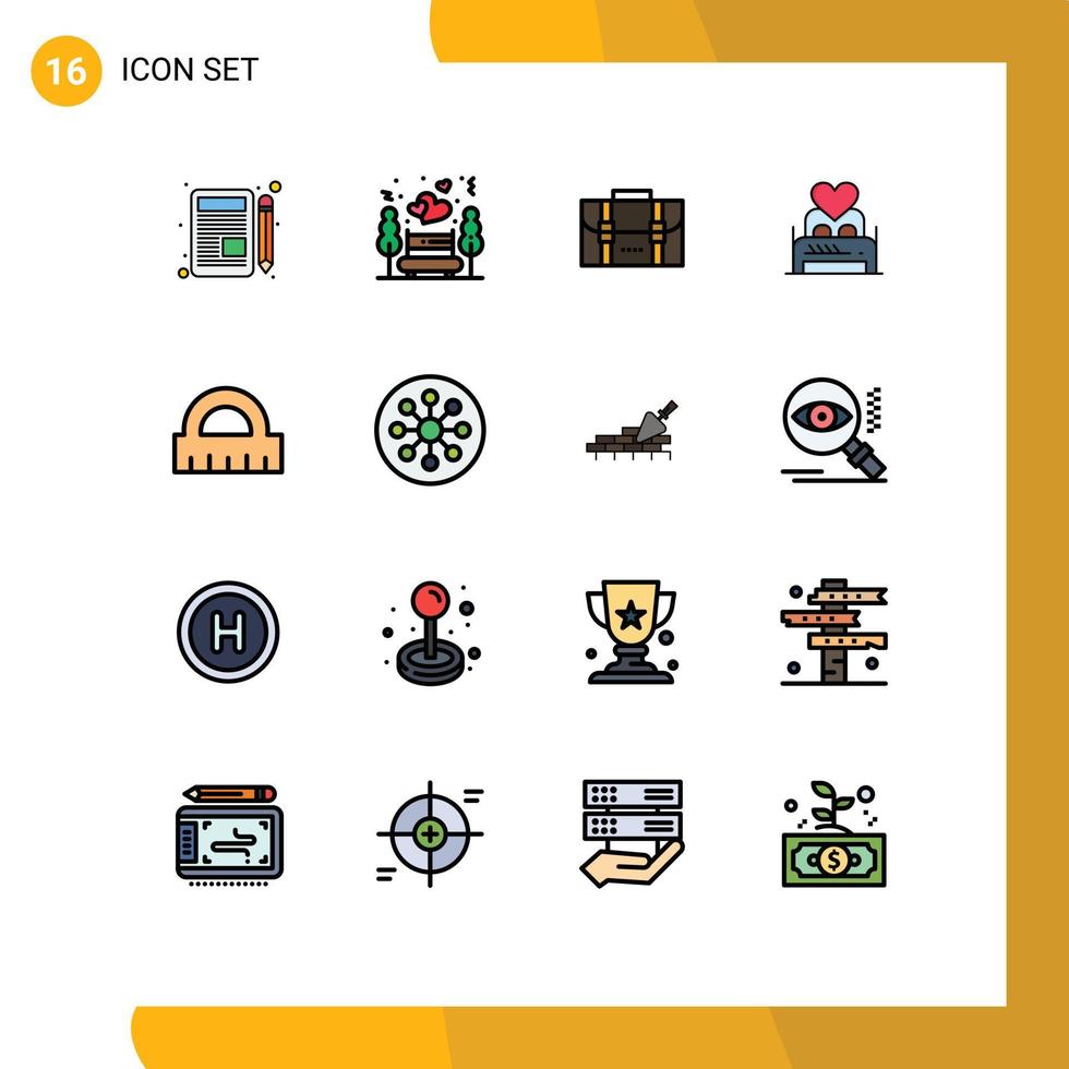 Editable Vector Line Pack of 16 Simple Flat Color Filled Lines of room couple backpack lover bed Editable Creative Vector Design Elements