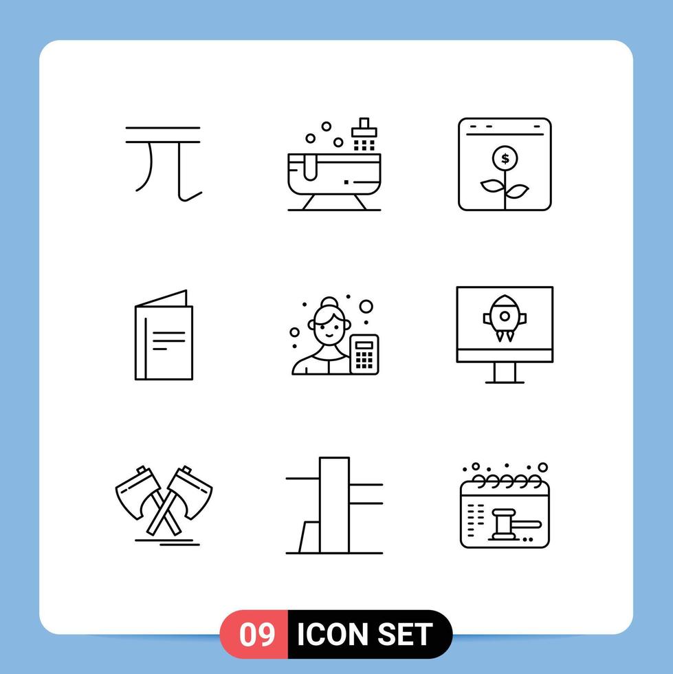 Editable Vector Line Pack of 9 Simple Outlines of advertisement card water menu financial Editable Vector Design Elements