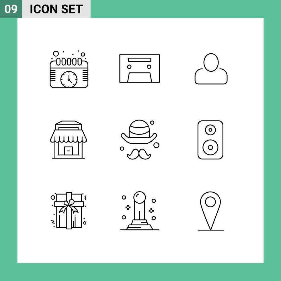 Universal Icon Symbols Group of 9 Modern Outlines of speaker day man brim shop Editable Vector Design Elements