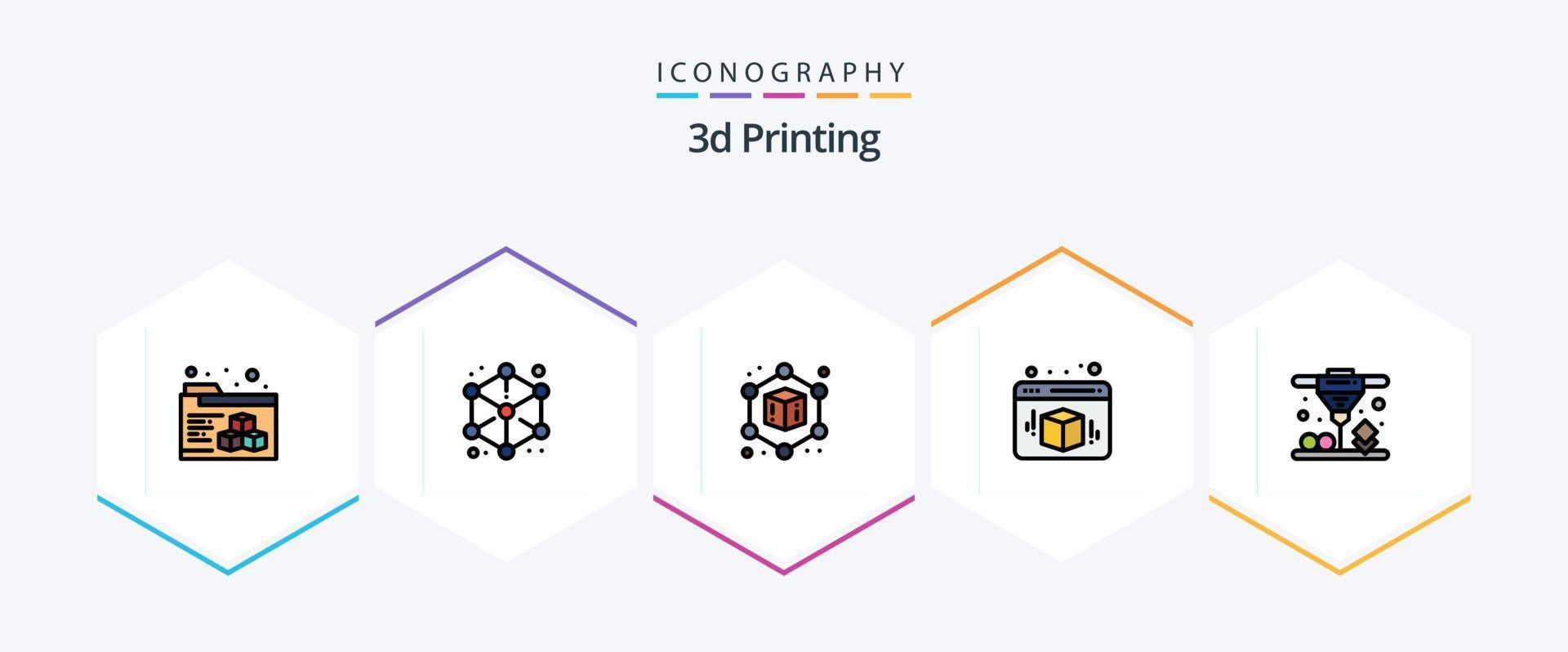 Paquete de iconos de 25 líneas completas de impresión en 3D que incluye . directo. cubo. impresión. cubo vector