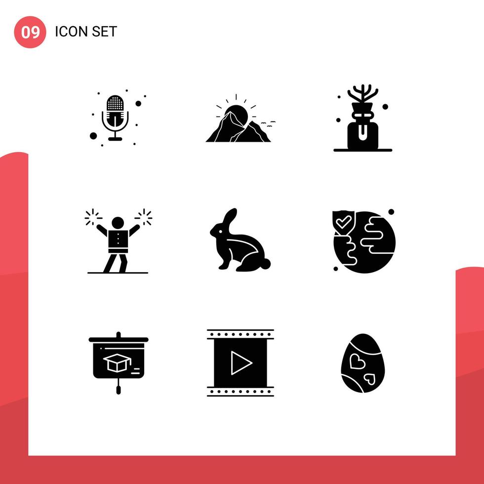 paquete de 9 signos y símbolos de glifos sólidos modernos para medios de impresión web, como el conejito de Pascua, el ventilador del aroma, los elementos de diseño de vectores editables que animan