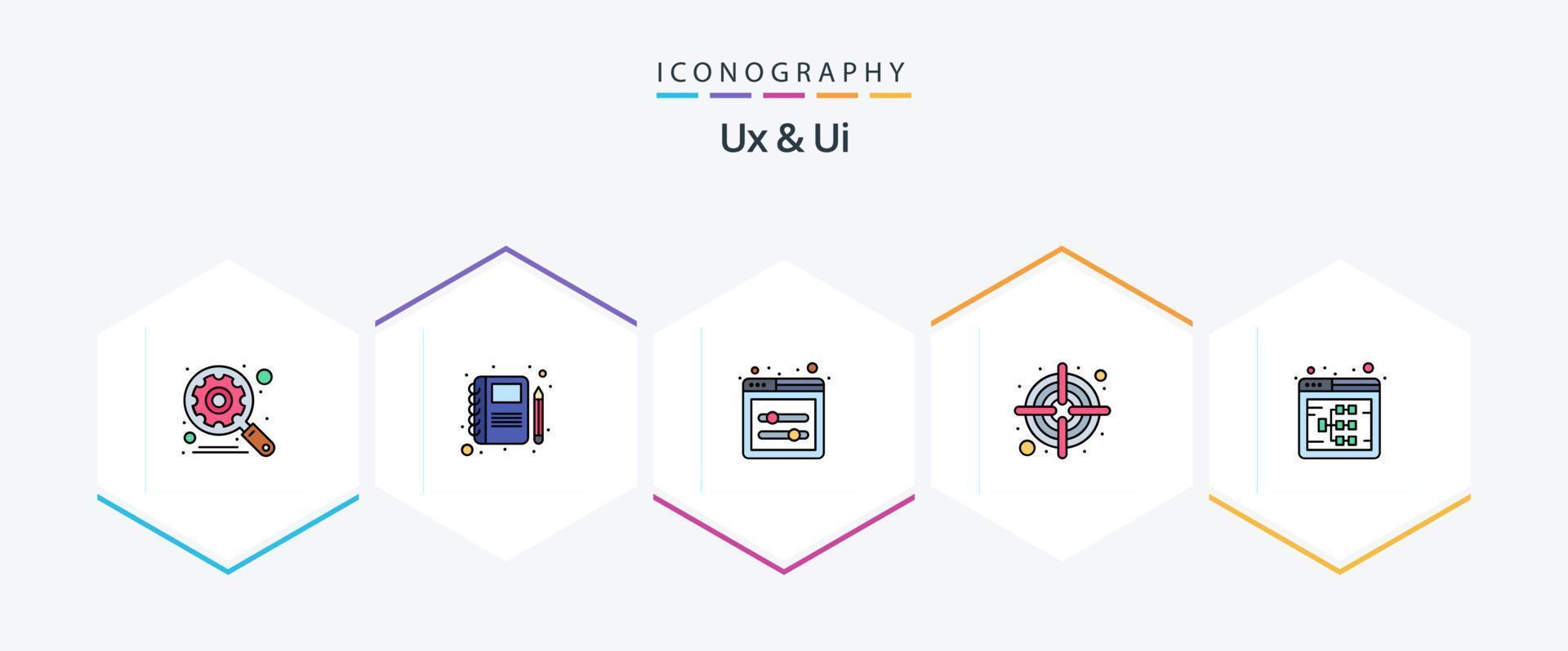 ux y ui 25 paquete de iconos de línea completa que incluye sitio web. SEO controles deslizantes de interfaz de usuario. diagrama de flujo objetivo vector