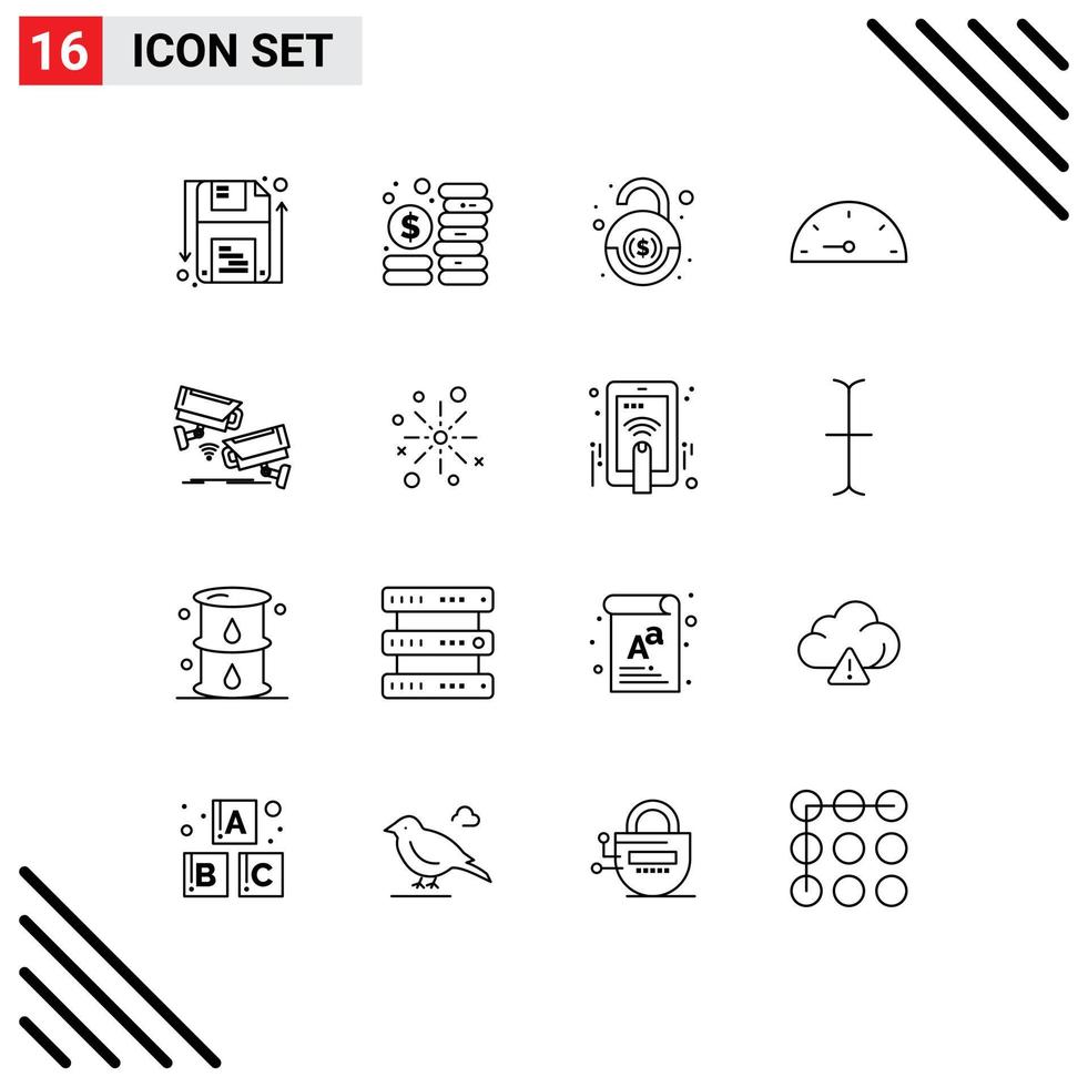 Pack of 16 creative Outlines of security cctv bank performance dash Editable Vector Design Elements