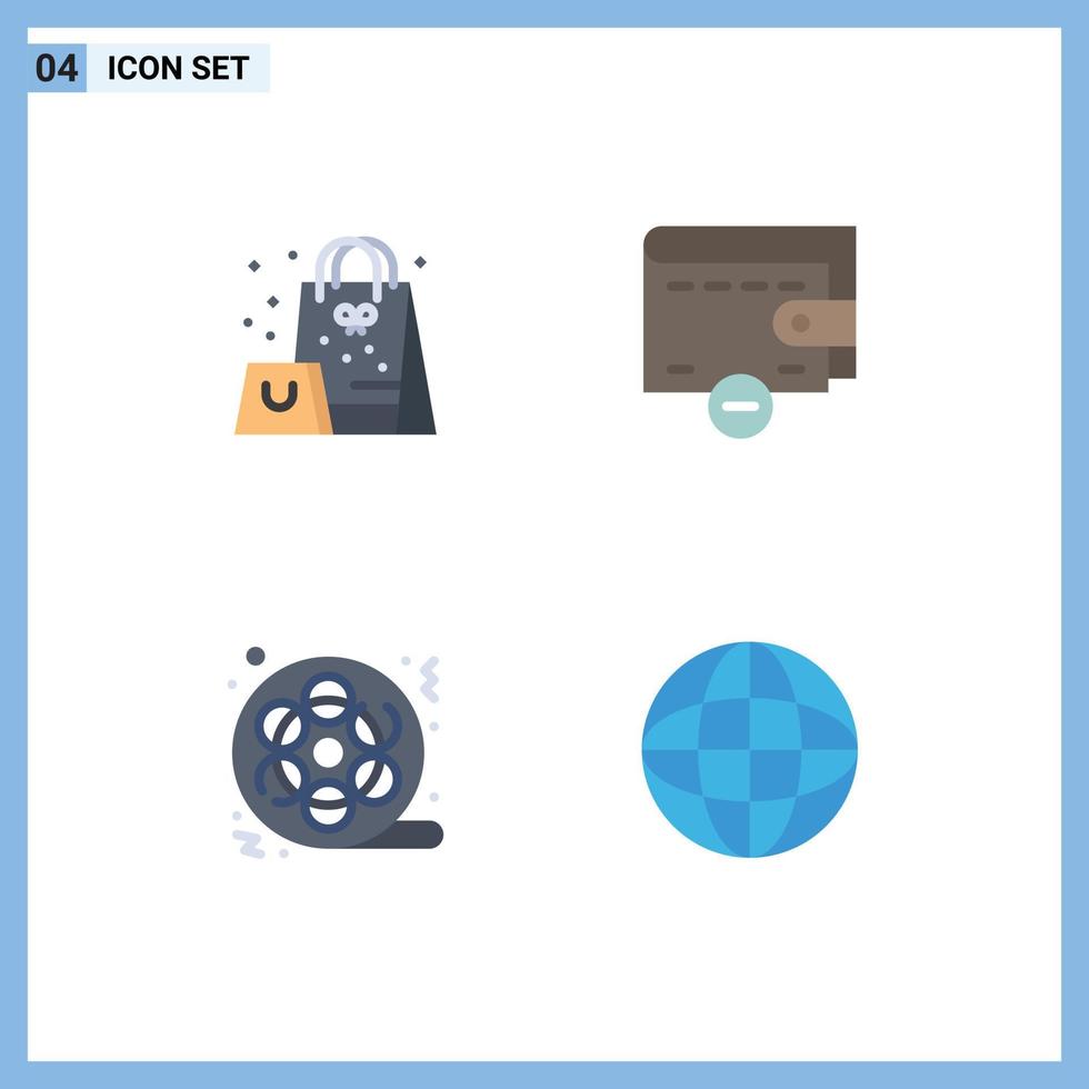 Group of 4 Flat Icons Signs and Symbols for bag cinema surprise wallet multimedia Editable Vector Design Elements