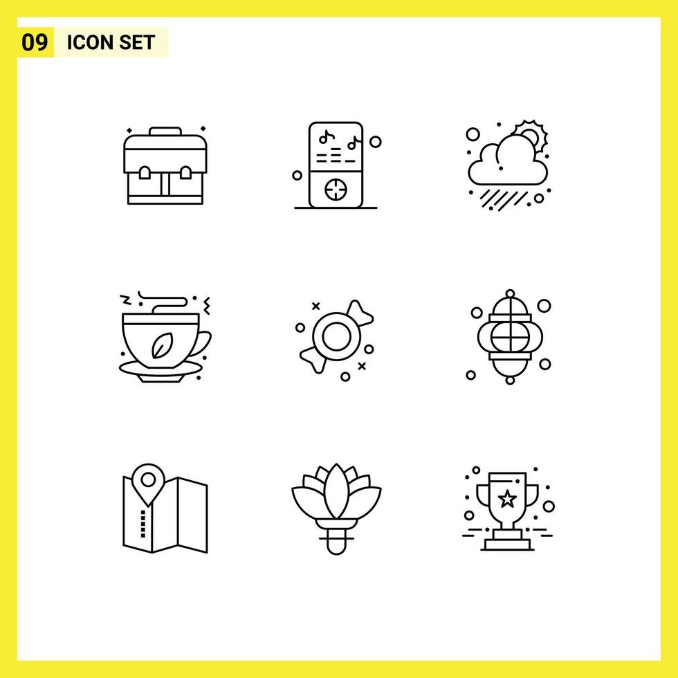 Paquete de 9 esquemas de interfaz de usuario de signos y símbolos modernos de dulces, bombones, comida nublada, café, elementos de diseño de vectores editables