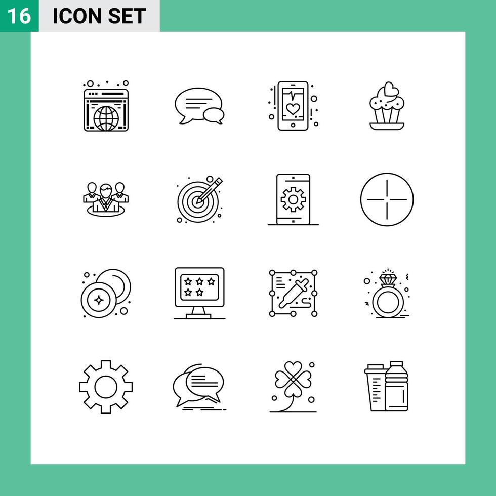 Group of 16 Modern Outlines Set for chat love beat cake phone Editable Vector Design Elements
