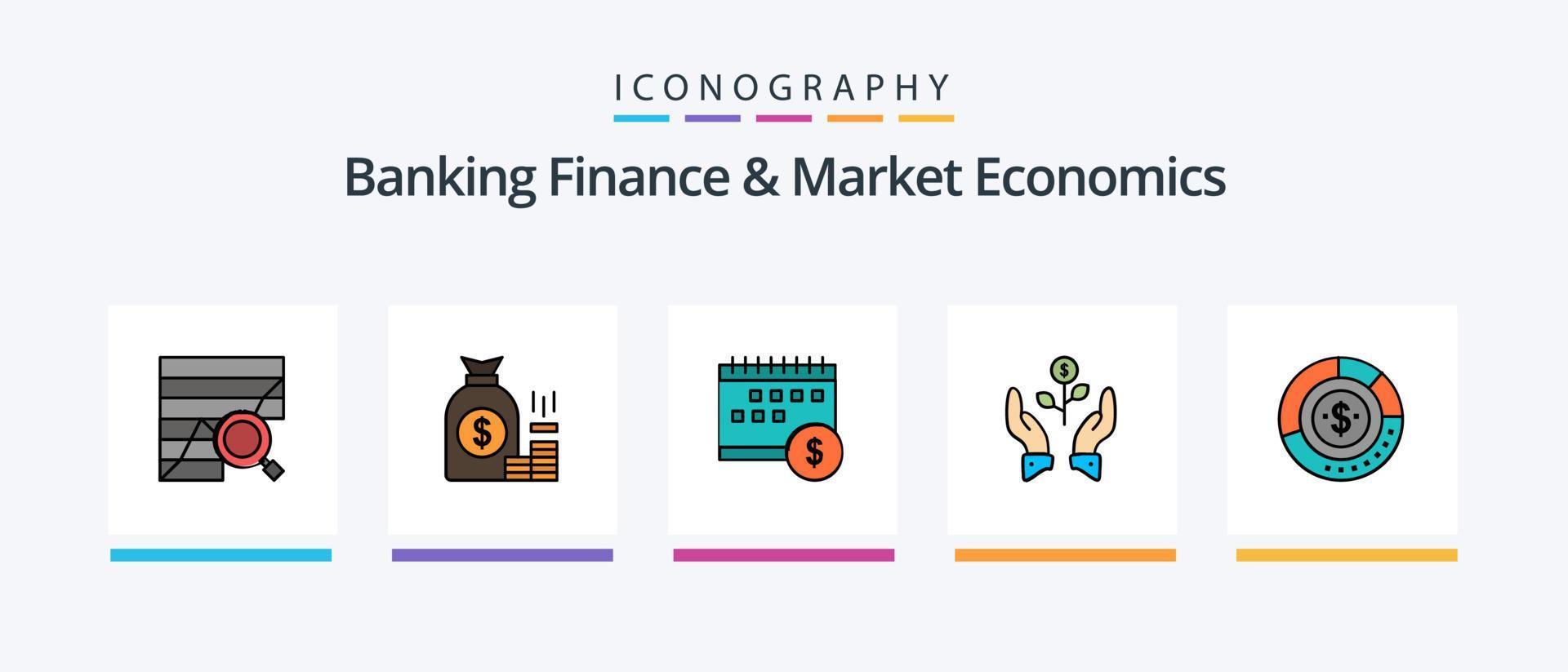 la línea de finanzas bancarias y economía de mercado llenó un paquete de 5 íconos que incluye finanzas. negocio. dinero. crecimiento. cartera. diseño de iconos creativos vector