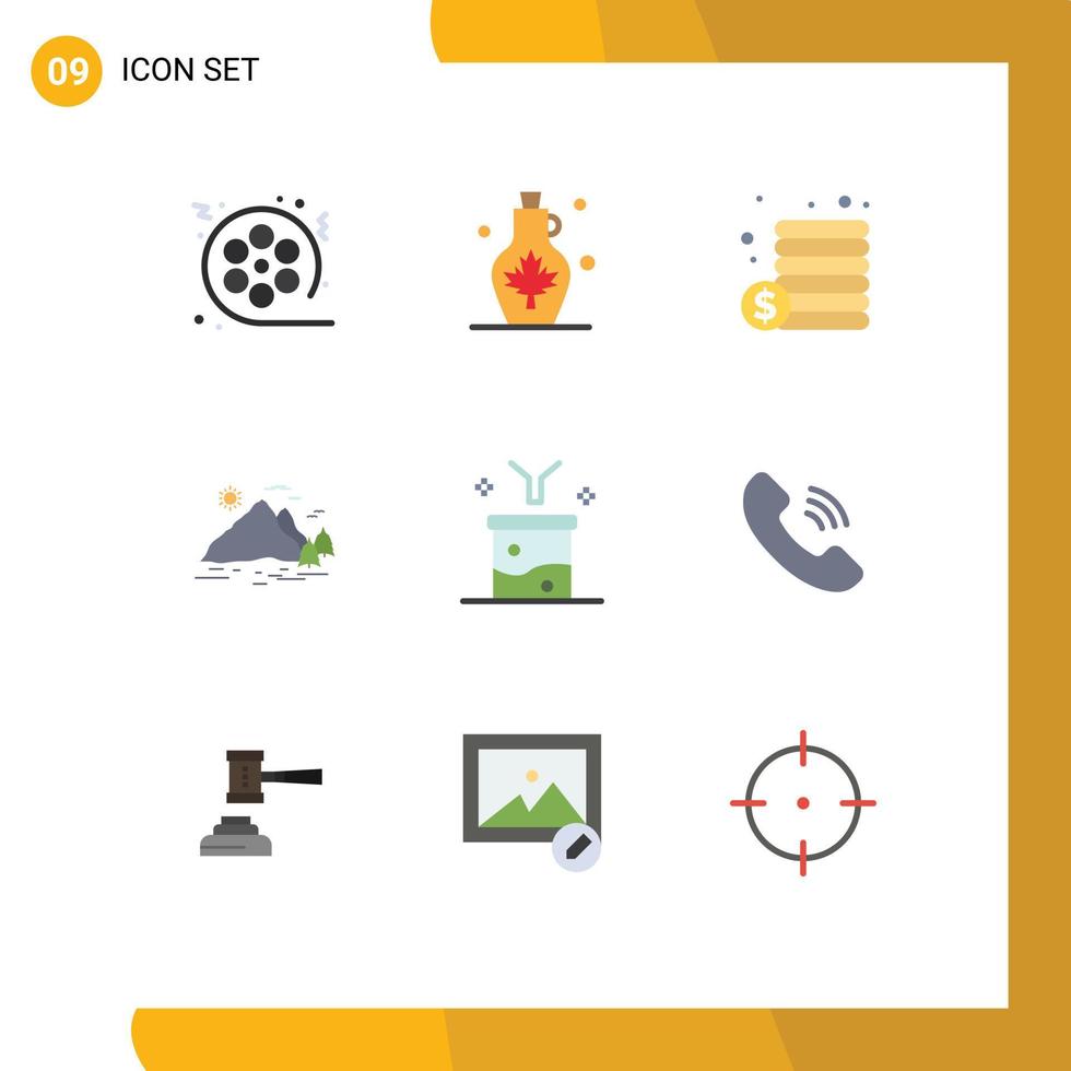 9 User Interface Flat Color Pack of modern Signs and Symbols of sun landscape water pot hill money Editable Vector Design Elements