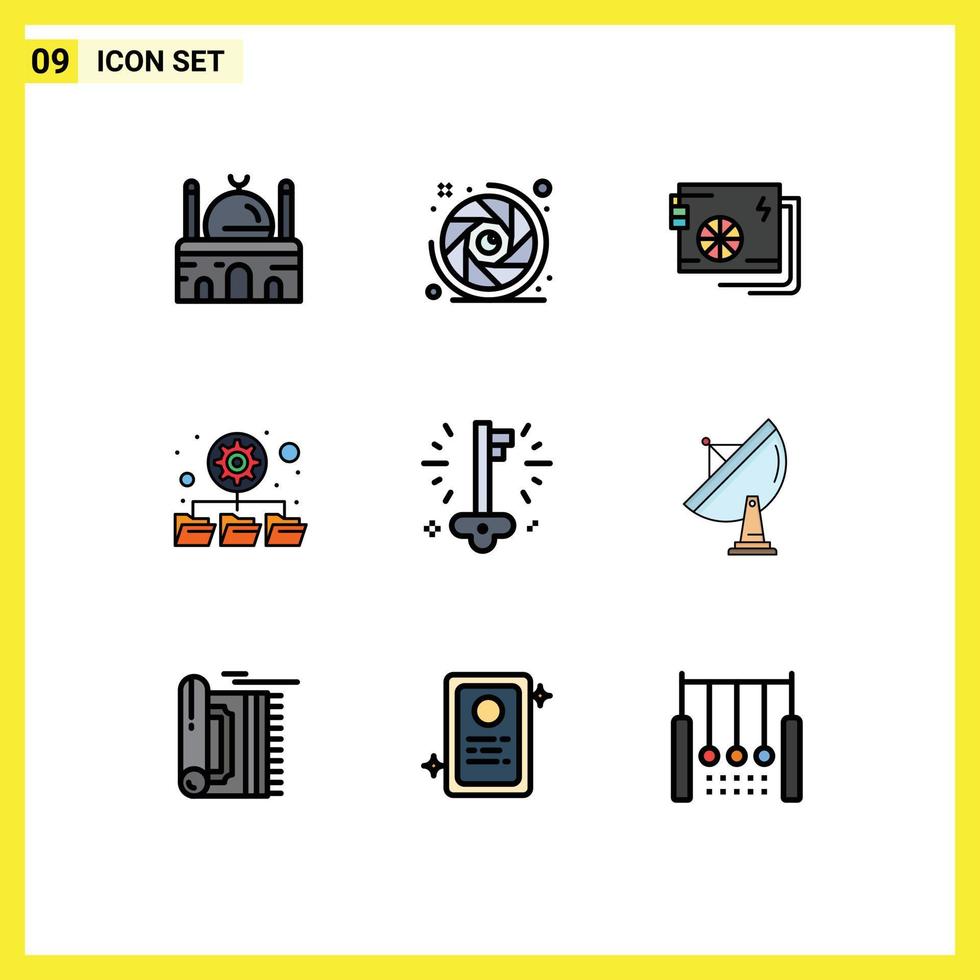Group of 9 Filledline Flat Colors Signs and Symbols for business folders lens aperture database power Editable Vector Design Elements