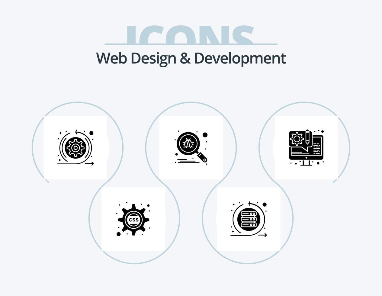 Web Design And Development Glyph Icon Pack 5 Icon Design. design. search. server. scan. sprint vector