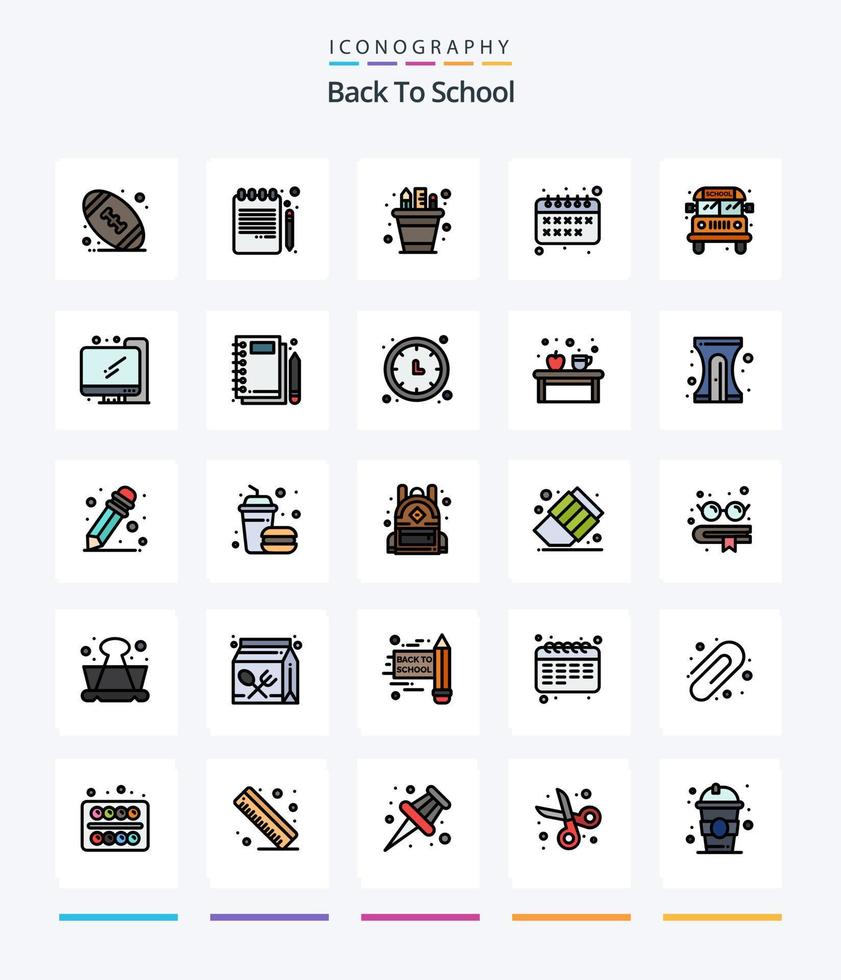 Creative Back To School 25 Line FIlled icon pack  Such As transport. bus. pen. calendar. back to school vector