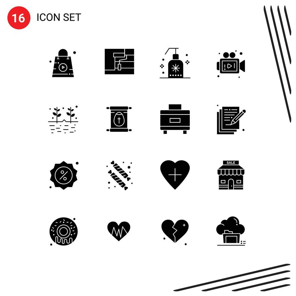 Mobile Interface Solid Glyph Set of 16 Pictograms of garden agriculture cleaning video camera Editable Vector Design Elements