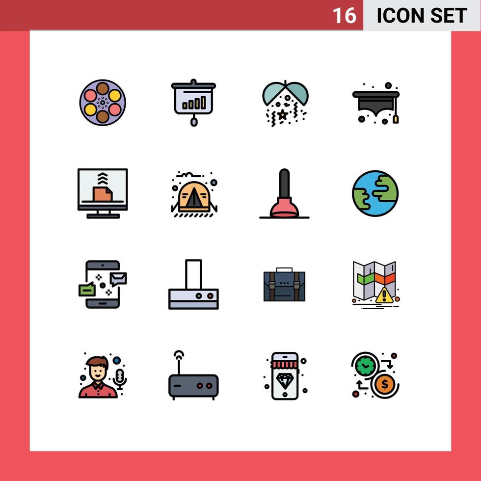 Editable Vector Line Pack of 16 Simple Flat Color Filled Lines of computer student information school party Editable Creative Vector Design Elements