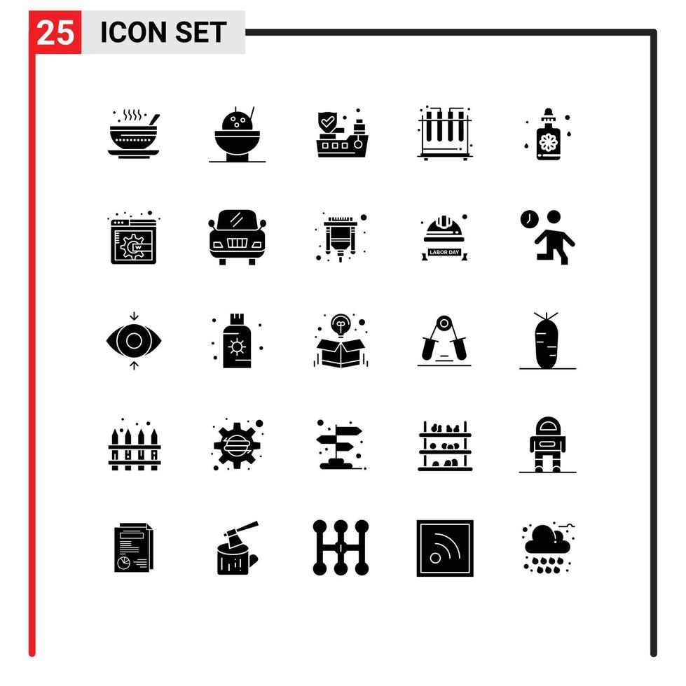 Group of 25 Solid Glyphs Signs and Symbols for web page spa insurance treatment tubes Editable Vector Design Elements