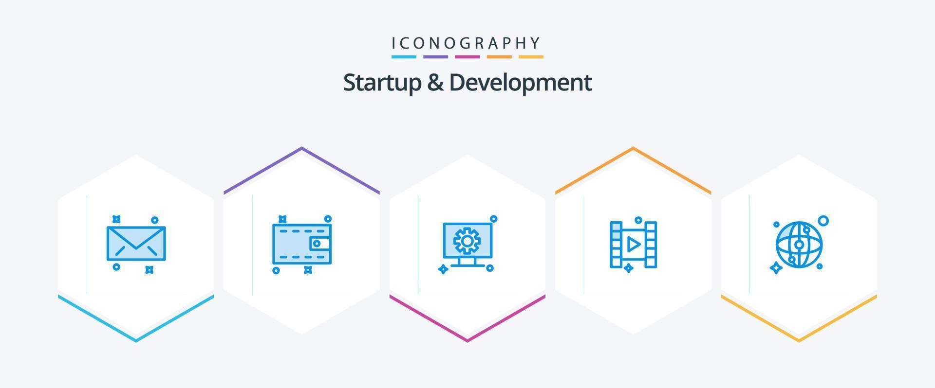 Startup And Develepment 25 Blue icon pack including . network. setting. map. film vector