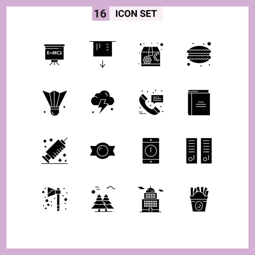 Group of 16 Modern Solid Glyphs Set for shuttlecock badminton birdie package badminton dumplings Editable Vector Design Elements