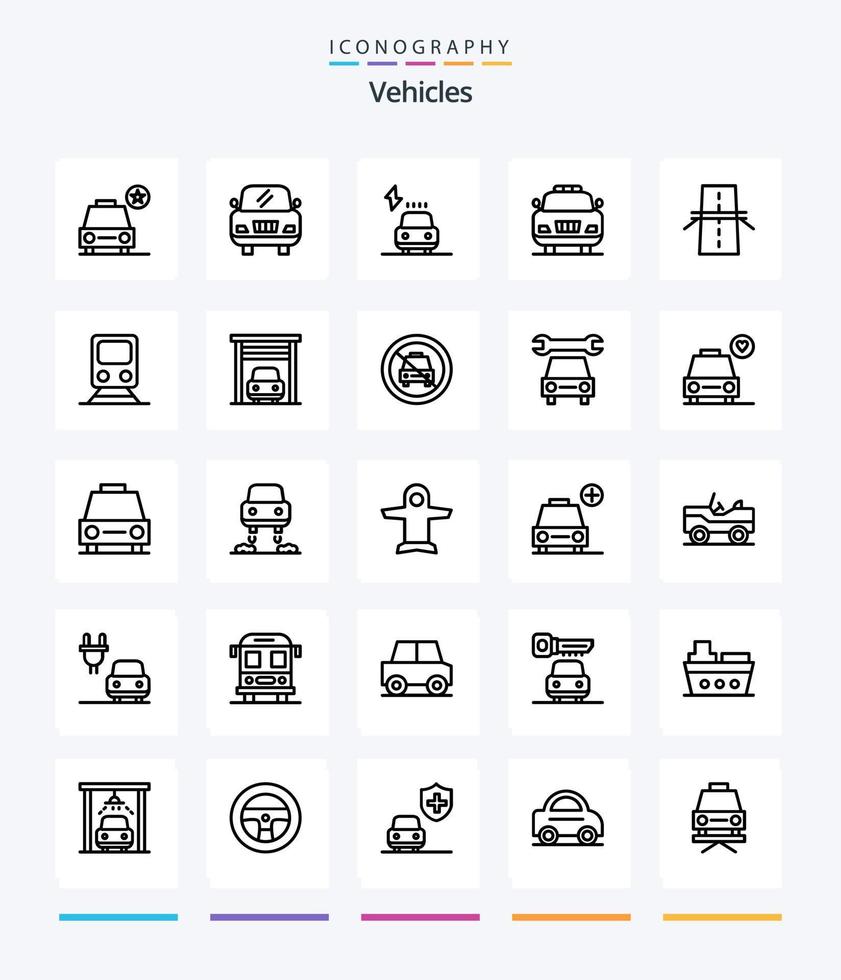 Paquete de iconos de 25 contornos de vehículos creativos, como la autopista. creativo. eléctrico. construcción. policía vector