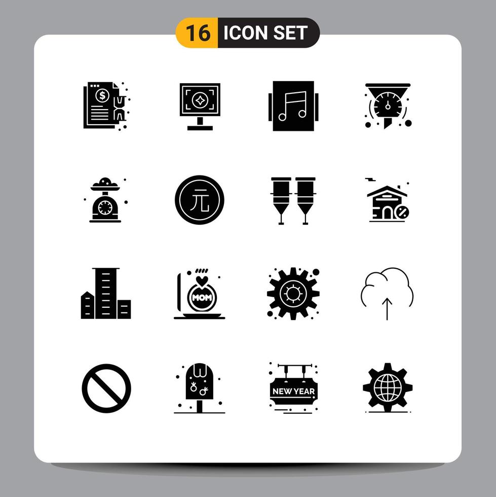 Universal Icon Symbols Group of 16 Modern Solid Glyphs of baking speedometer print dashboard filter Editable Vector Design Elements