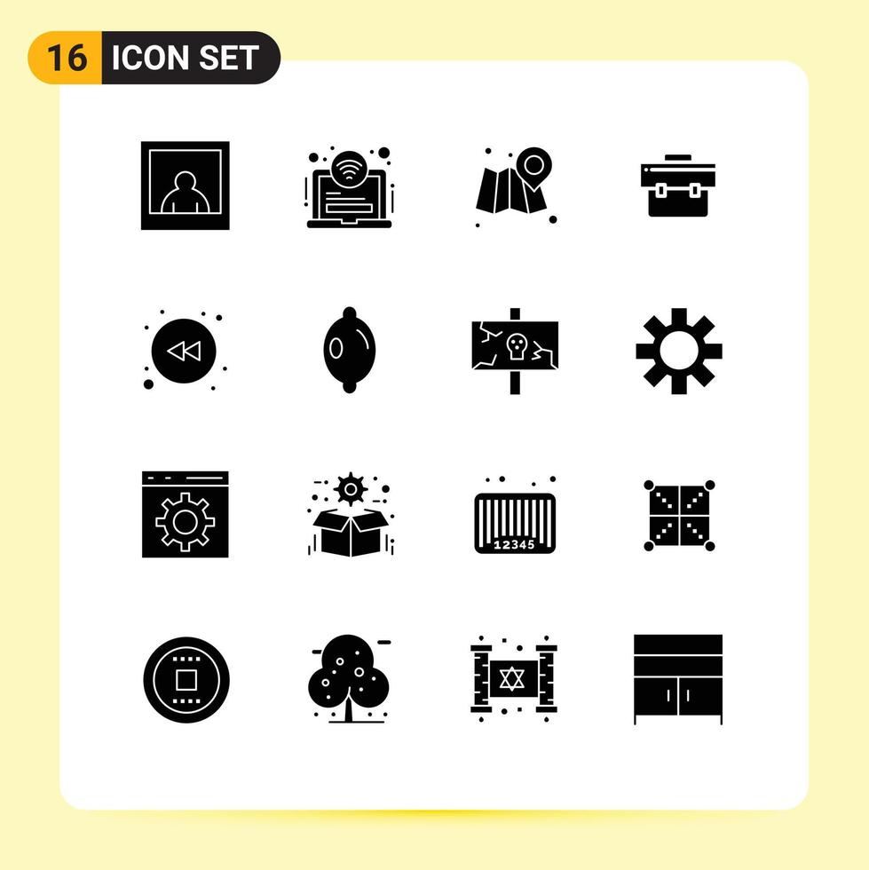 Universal Icon Symbols Group of 16 Modern Solid Glyphs of lemon rewind map left portfolio Editable Vector Design Elements