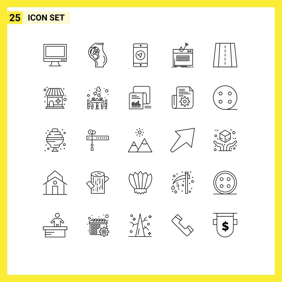 25 Universal Lines Set for Web and Mobile Applications password internet obstetrics fraud mobile apps Editable Vector Design Elements