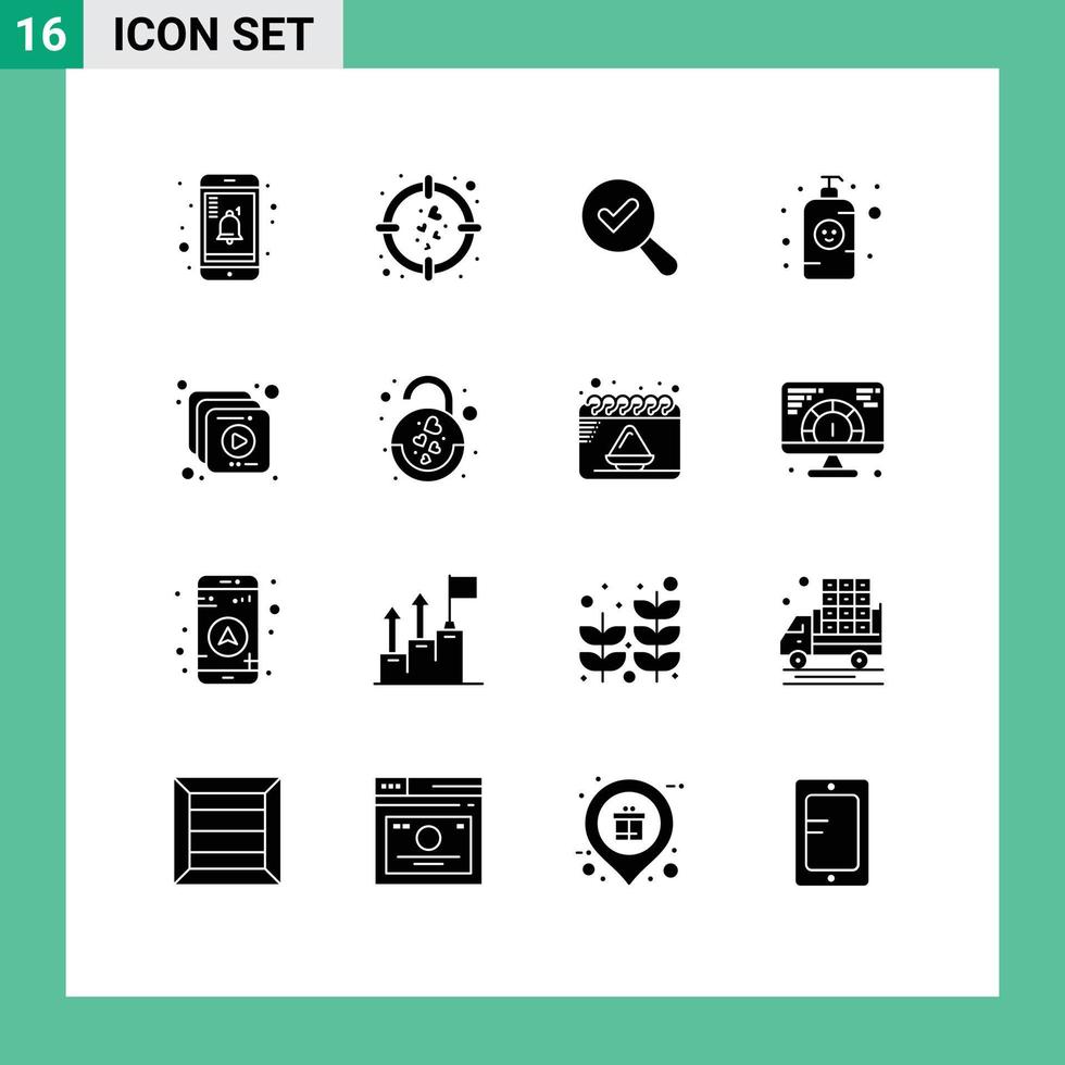 16 Thematic Vector Solid Glyphs and Editable Symbols of heart multimedia search collection lotion Editable Vector Design Elements