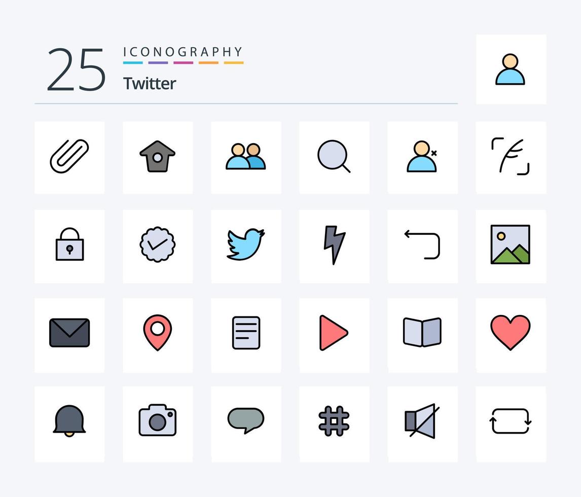 Twitter 25 Line Filled icon pack including sets. discover people. contact. max. magnify vector