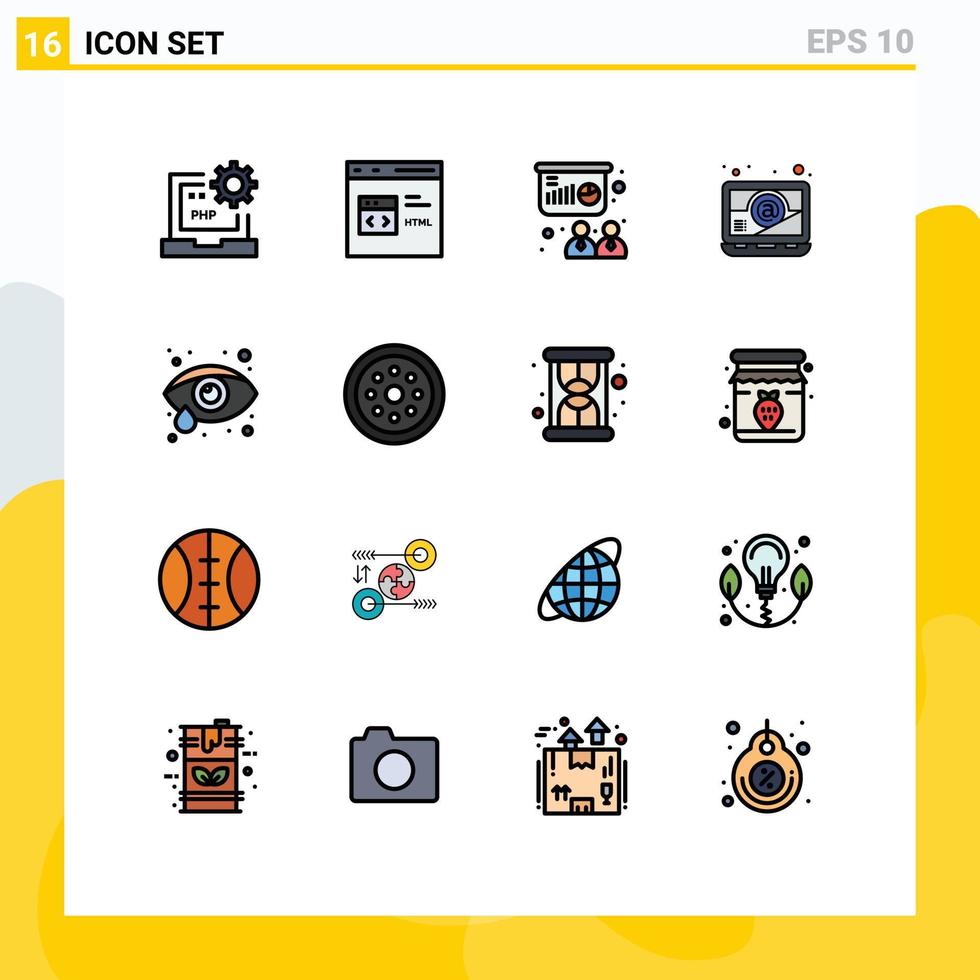 User Interface Pack of 16 Basic Flat Color Filled Lines of eye care email development computer training Editable Creative Vector Design Elements