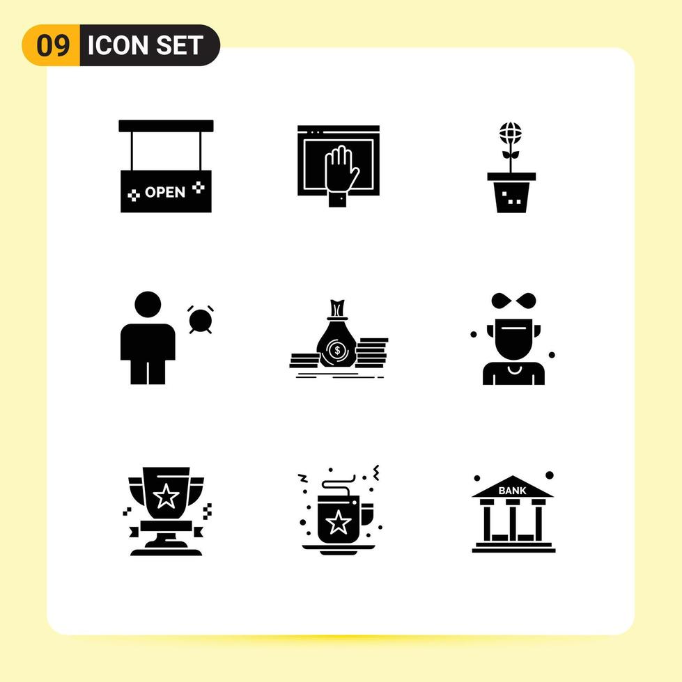 Set of 9 Vector Solid Glyphs on Grid for body alarm internet plant mold Editable Vector Design Elements