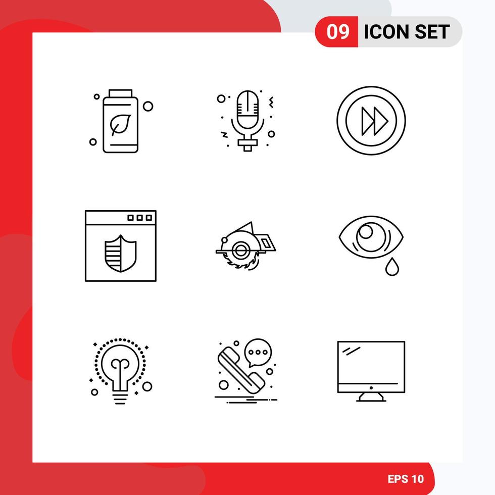 Pack of 9 Modern Outlines Signs and Symbols for Web Print Media such as building webpage forward shield browser Editable Vector Design Elements
